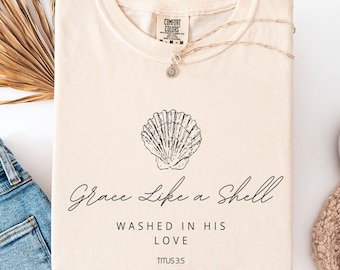 Christliches Ozean-Shirt, Komfortfarben-Bibel-Vers-T-Stück, Anmut wie ein Muschel-Titus 3: 5 T-Shirt, Glaube-Strand-Shirt, christliches Geschenk