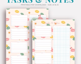 Printable Tasks and notes/To do lists - A4 A5 - Summer Flamingo Design