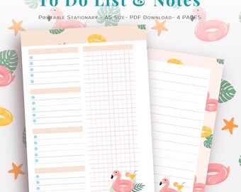 Printable Stationary - Notes Pages with To Do List A5- Summer Flamingo