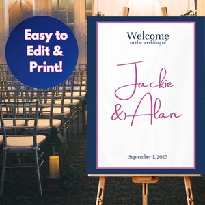 Welcome to our wedding sign | Preppy Hot Pink & Navy | Editable digital download template