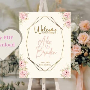 Welcome to our wedding sign | Pink & Cream Floral Wedding | Editable digital download template