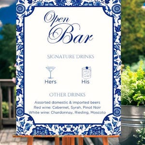 Wedding Reception Bar Sign| Blue Chinoiserie  | Editable digital download template