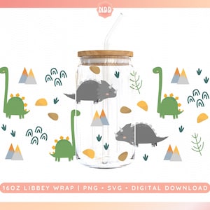 Cute Dinosaur 16oz Libbey Wrap, SVG Cricut Cut File, PNG Digital File UVDTF Sublimation, Kids T-Rex Jurassic Design, Dino Glass Cup Wrap