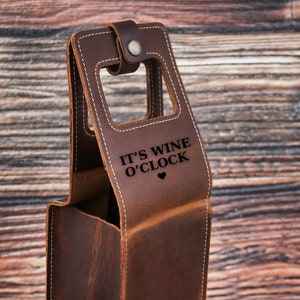 Personalized Leather Wine Caddy, Hand Crafted Wine Holder, Monogrammed Wine Sleeve, Wine Accessories, Wedding Gift, Custom Leather Wine Tote