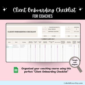 Op de afbeelding: Een afdrukbare checklist voor het onboarden van klanten voor coaches. De checklist bevat secties voor klantgegevens, welkomstmail, contract, factuur, betaling ontvangen, welkomstcadeau, Voxer instellen, link sturen om de eerste oproep te plannen, eerste oproep gepland, maandelijkse voortgangscontrole en maandelijkse facturering. De checklist is georganiseerd in een tabelformaat met kolommen voor elke sectie. De checklist is ontworpen om coaches te helpen bij het bijhouden van het onboardingproces van hun klanten.