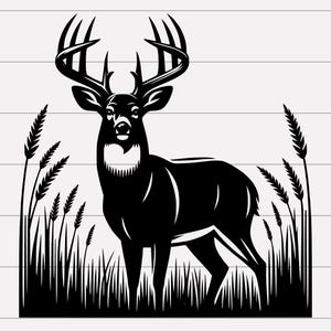 May include: A black and white silhouette of a deer with large antlers standing in a field of tall grass.