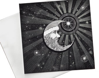 Celestial Santa Blank Card, crescent moon, stars Christmas card