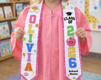 Custom Name Kid Graduation Stole, Faux Chenille Glitter Patch Graduation Sash, Class of 2026 Graduation Sash, Pre K Grad Gifts