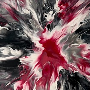 May include: Abstract painting with swirling black, white, and red paint. The colors blend together to create a dynamic and energetic composition.