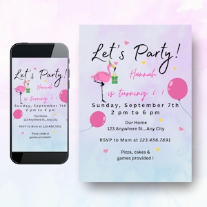 Plantilla de invitación personalizada para fiesta de cumpleaños arcoíris, invitación colorida, invitaciones para fiesta de niña, invitación digital, plantilla editable de Canva, PDF