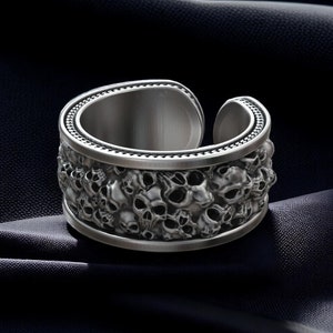 Oxidized Sterling Silver Skull Chain Ring - Gothic Statement Jewelry
