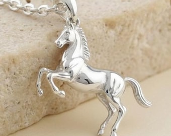 Polished Silver Prancing Horse Necklace 925 Sterling Silver Equestrian Pendant Handmade Minimalist Animal Jewelry Gift for Horse Lovers