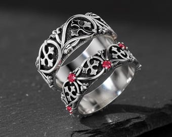 Fleur de Lis Gothic Wedding Band, Sterling Silver Ring with Red Stone