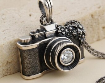 Floral Camera Necklace, 925 Sterling Silver, Photographer Gift