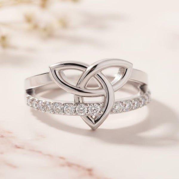 Sterling Silver Celtic Triquetra Ring with White Gemstones
