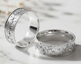 Polished Silver Maple Leaf Band 925 Sterling Silver Nature Inspired Wedding Ring Set Matching Couple Forest Jewelry