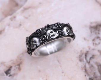 Sterling Silver Skull Rose Snake Ring - Gothic Unisex Jewelry