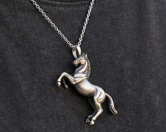 Prancing Horse Necklace, Handmade 925 Sterling Silver Equestrian Pendant