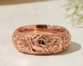 Rose Gold Vermeil Floral Ring: Carved Rose Wedding Band