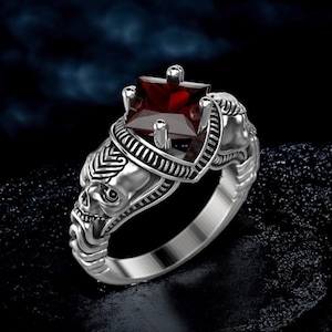 Skull Engagement Ring: Red Gemstone, Gothic Sterling Silver Wedding Band