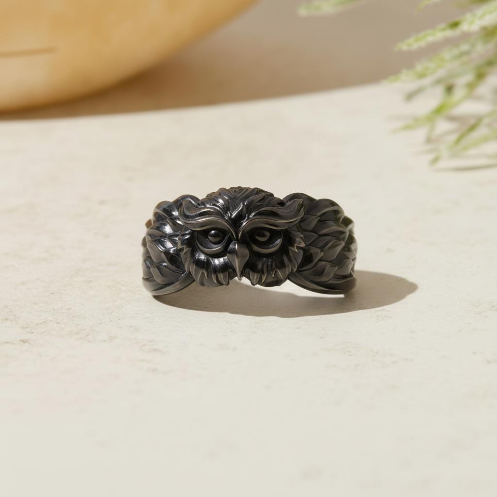 Owl Ring Black Rhodium Sterling Silver Animal Jewelry Wisdom Symbol Gothic Bird