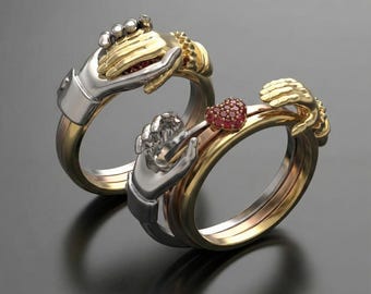 Sterling Silber Gimmel Ring, Hände halten Herz, Fede Claddagh Stil