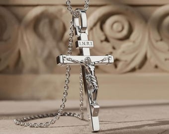 Sterling Silver Crucifix Necklace: Polished Jesus Cross Pendant