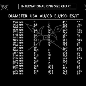 Pode incluir: Um gr&aacute;fico em preto e branco mostrando os tamanhos de anel internacionais. O gr&aacute;fico lista os tamanhos de anel em mil&iacute;metros, tamanhos dos EUA, tamanhos australianos/brit&acirc;nicos, tamanhos europeus/ISO e tamanhos espanh&oacute;is/italianos.