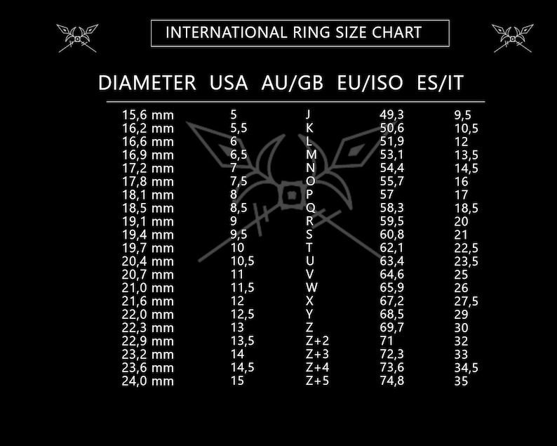 Pode incluir: Um gr&aacute;fico em preto e branco mostrando os tamanhos de anel internacionais. O gr&aacute;fico lista os tamanhos de anel em mil&iacute;metros, tamanhos dos EUA, tamanhos australianos/brit&acirc;nicos, tamanhos europeus/ISO e tamanhos espanh&oacute;is/italianos.