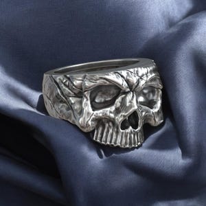 Oxidized Sterling Silver Half Skull Ring: Gothic Biker Jewelry