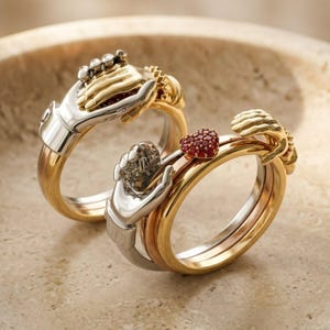 May include: Two interlocking rings featuring sculpted metallic hands that appear to hold the band. One ring displays a small heart-shaped charm encrusted with tiny red stones. The bands are crafted from a combination of silver and gold-toned metal.
