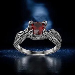 Tree of Life Sterling Silver Engagement Ring: Red Gemstone Leaf Branch Design