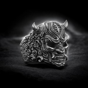 Hannya Oni Mask Ring 925 Sterling Silver Japanese Demon Mask Gothic Jewelry Handmade Unisex Adjustable Statement Piece Unique Gift