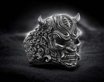Sterling Silver Hannya Oni Mask Ring, Adjustable Gothic Demon Jewelry
