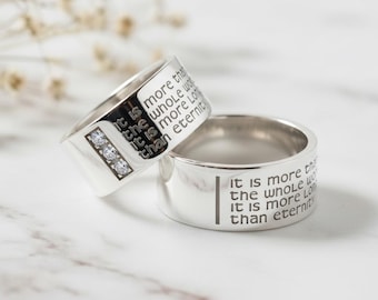 Engraved Sterling Silver Wedding Band Set, Personalized Promise Rings