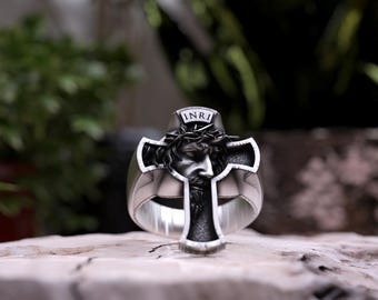 INRI Crucifix Ring: Sterling Silver Jesus Christ Cross, Religious Jewelry
