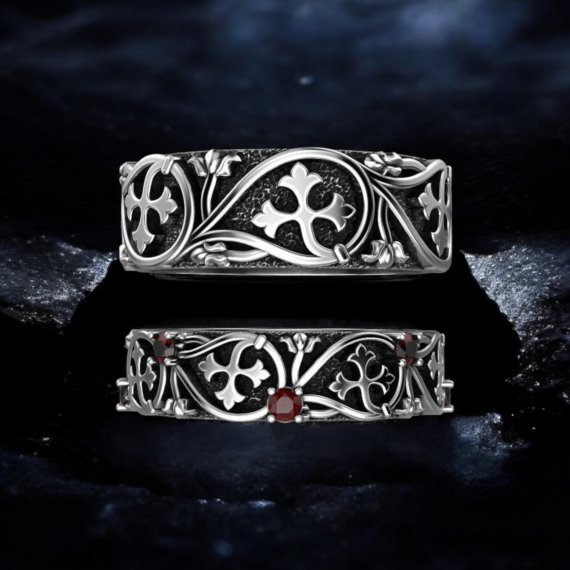 Gothic Fleur De Lis Band Ring - 925 Sterling Silver Wide Band Ring For Men, No Gemstone, Heavy Solid Silver