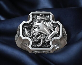 Bague Homme Argent 925 Motif Sceau Pirate - Tête De Mort, Bateau, Marin - Style Vintage