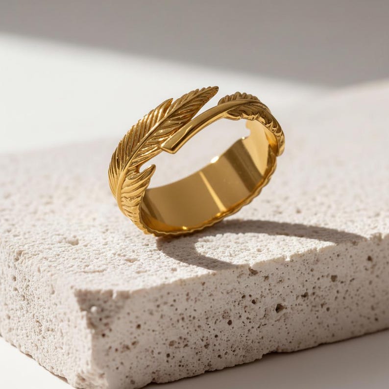 Feather Ring, 14K Gold Vermeil Sterling Silver Angel Wing Band image 1