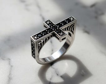 Sterling Silver Gothic Cross Ring with Black Pave Stones