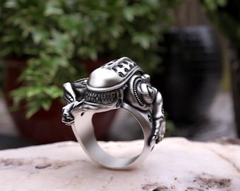 Xenomorph Alien Ring: Oxidized Sterling Silver Biomechanical Jewelry