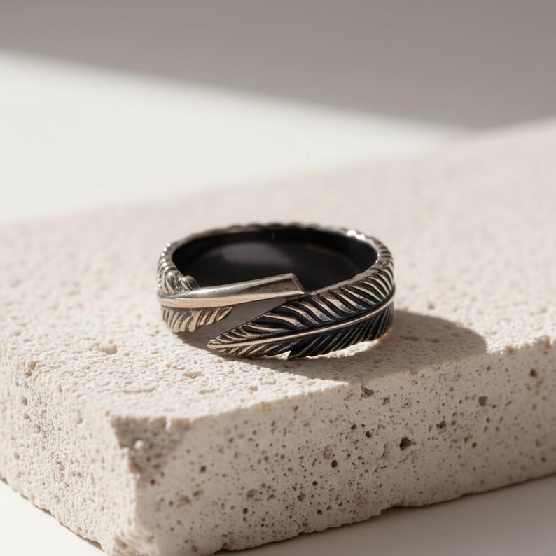 Feather Ring, 14K Gold Vermeil Sterling Silver Angel Wing Band Oxidized Matte