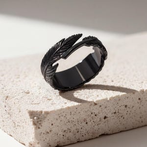 Feather Ring, 14K Gold Vermeil Sterling Silver Angel Wing Band Black Rhodium Plated