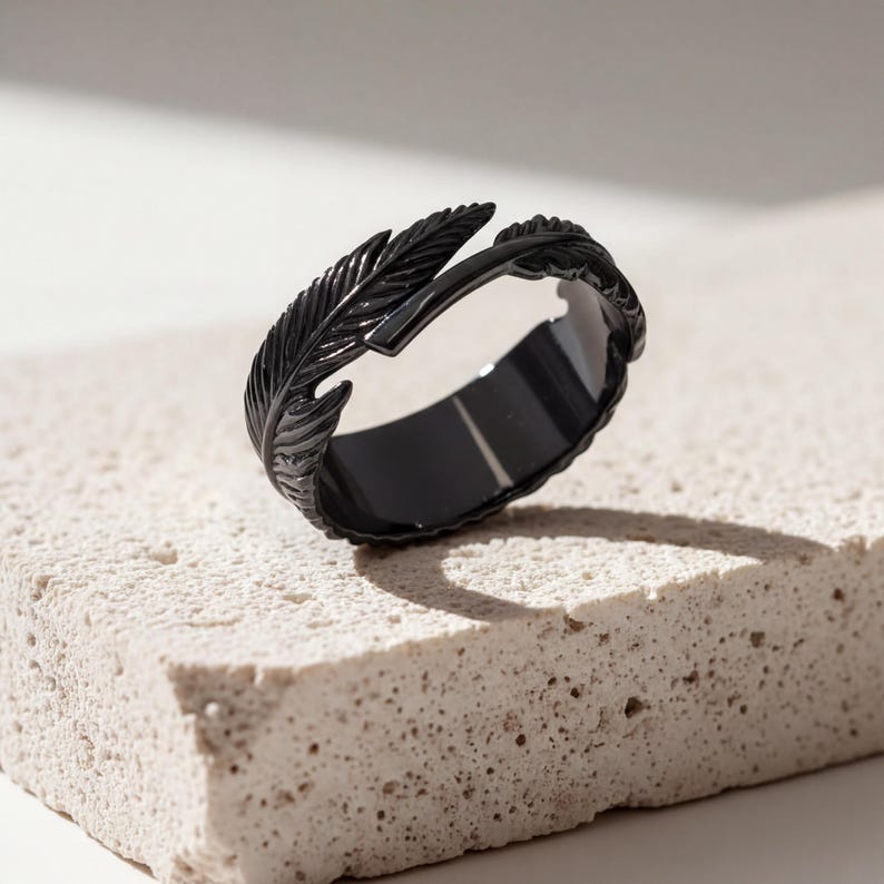 Feather Ring, 14K Gold Vermeil Sterling Silver Angel Wing Band Black Rhodium Plated