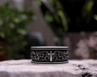 Sterling Silver Cross Ring: Christian Scrollwork Band