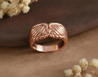 Rose Gold Angel Wing Ring, 925 Sterling Silver Feather Band