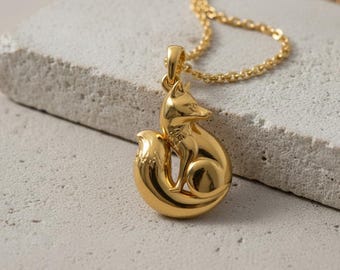 Gold Vermeil Curled Fox Pendant, 925 Sterling Silver Necklace