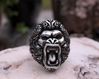 ゴリラ シルバー 925 リング 咆哮するゴリラのリング | 925スターリングシルバー | 酸化仕上げ