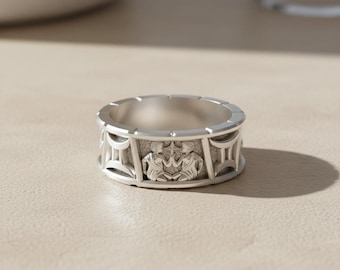 Gemini Zodiac Ring 925 Sterling Silver Polished Astrology Band Twins Symbol Birthday