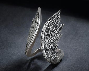 Oxidized Sterling Silver Angel Wings Ring: Diamond Accent, Gothic Jewelry